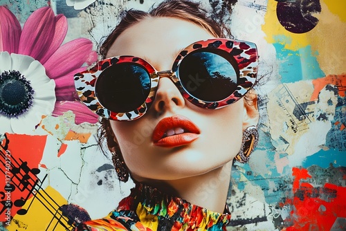 A retro collage of vintage fashion and modern street art, featuring bold colors and patterns, with an edgy model wearing sunglasses and oversized , set against an abstract background