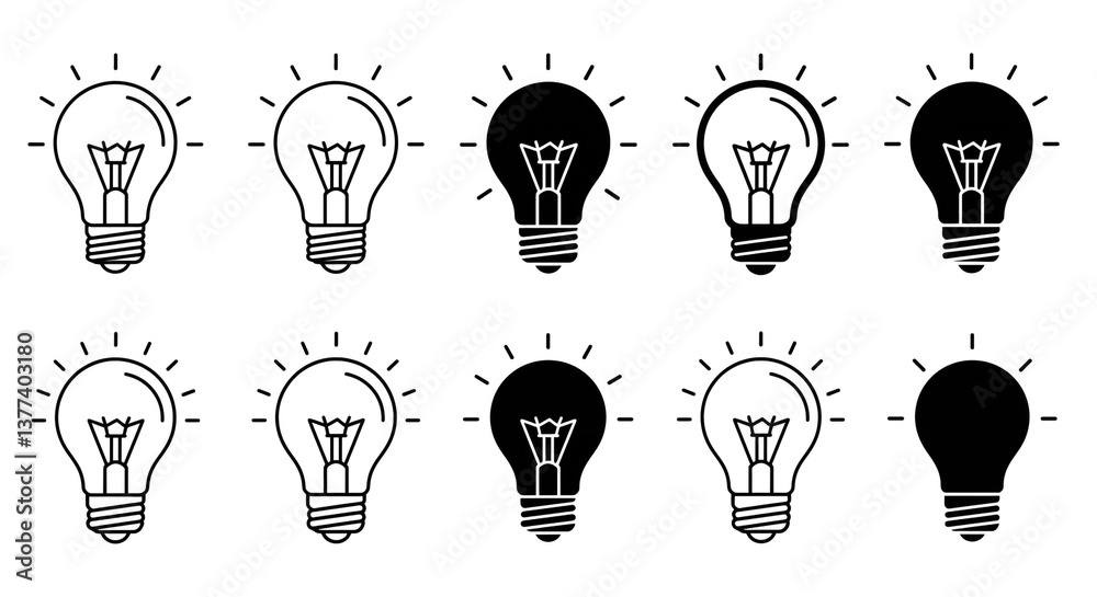A collection of lightbulb icons illustrating the brilliance of ideas, showcasing both outlined and filled designs in varying styles. A collection of lightbulb icons illustrating the brilliance of ideas, showcasing both outlined and filled designs in varying styles.
