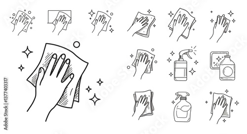 A hand gently wiping a surface, sparkling clean, a symbol of hygiene and care, shown in a simple sketch style.
