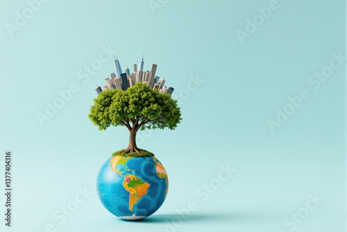 A Creative Visualization of Environmental Balance: A Green Tree Growing on a Small Globe Surrounded by Urban Cityscape Structures Against a Light Blue Background