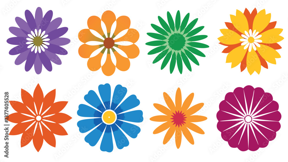 Vector art.A collection of flower heads isolated against a white background for design elements. Vector art.A collection of flower heads isolated against a white background for design elements.