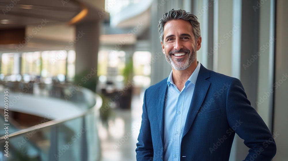Fototapeta premium Smiling Middle-Aged Man in Blue Suit Standing Indoors