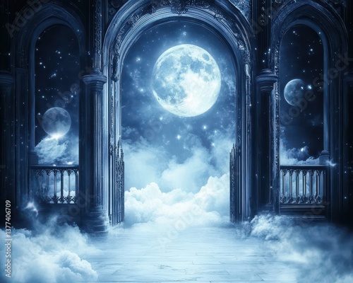 A rustic wooden doorway stands open, framed by ivy, revealing a breathtaking view of a luminous full moon illuminating the night sky, casting a soft glow on the surroundings.