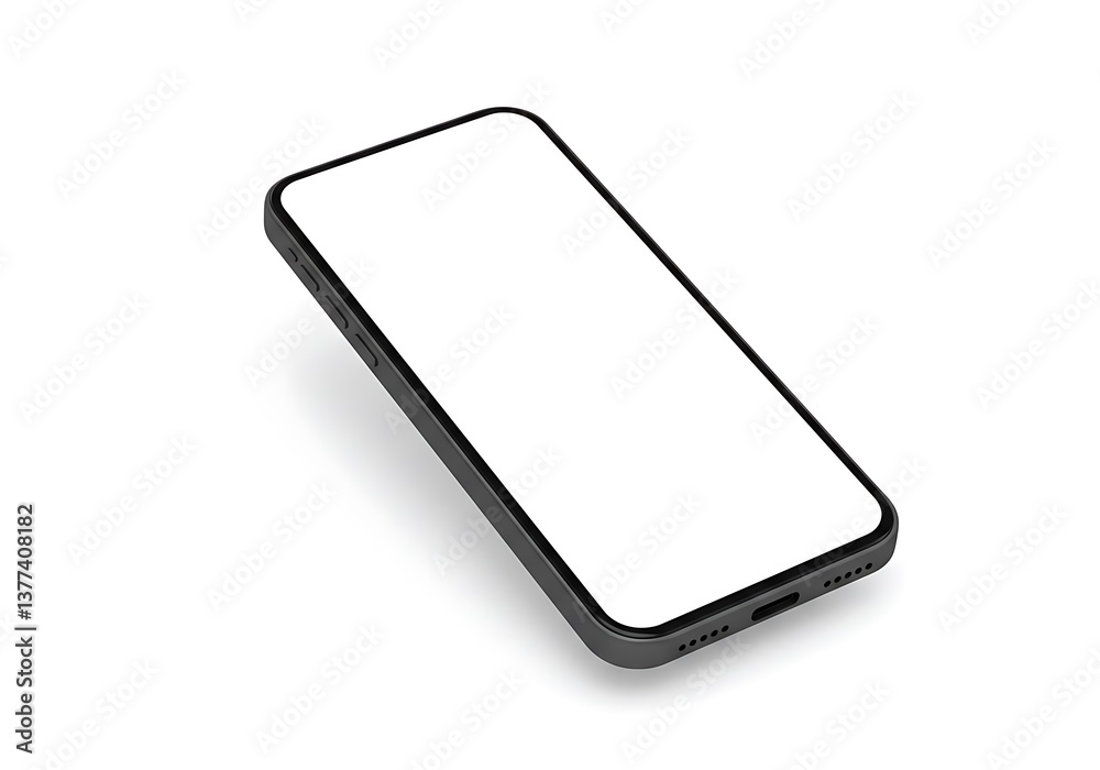 A sleek dark smartphone rests on a clean white background, ready to display your next app or digital masterpiece, showcasing its minimalist design and blank screen.