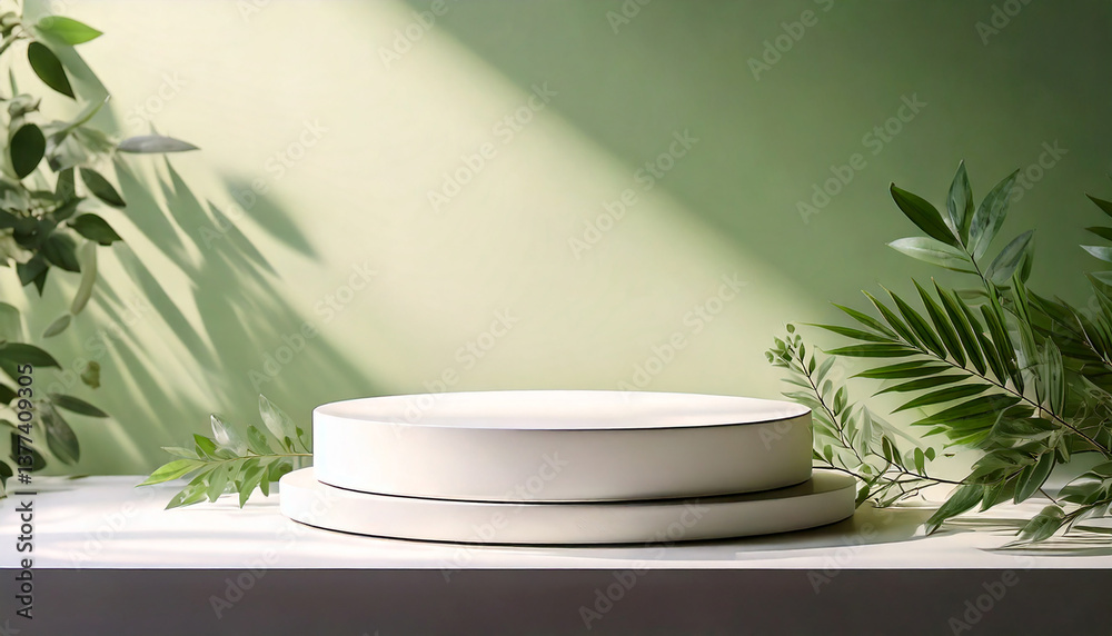 Product display with a sleek white platform and natural soft shadows against soft green background, emphasizing a modern and clean aesthetic Product display with a sleek white platform and natural soft shadows against soft green background, emphasizing a modern and clean aesthetic