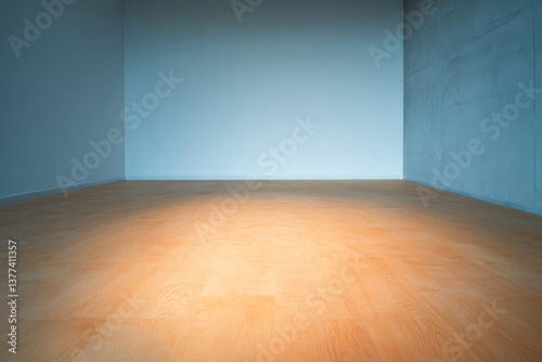 Empty interior space with warm lighting and smooth wooden floor creates a serene atmosphere