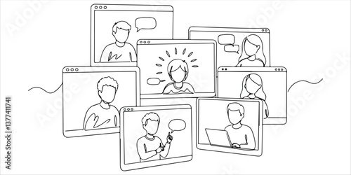 people in web windows discussing an idea continuous single line art drawing sketch on white background