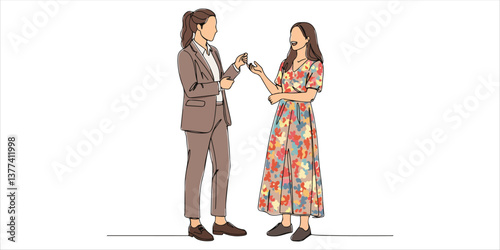 Two young women stand together, each expressing their individuality through distinct styles. One is dressed in a men's business suit, exuding confidence and professionalism, while the other showcases 