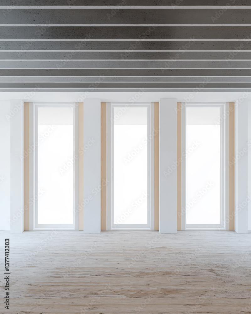 Fototapeta premium Bright and spacious interior with large windows and wooden flooring in modern design