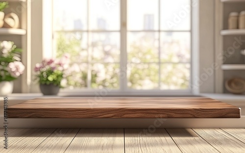 Wooden countertop floating over a window.  Sunlight streams in