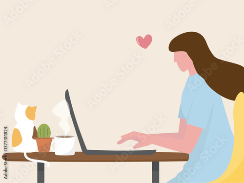 Home office concept freelance online working with laptop. Content creator or programmer using computer in living room with cute pets work from home vector illustration in flat cartoon style