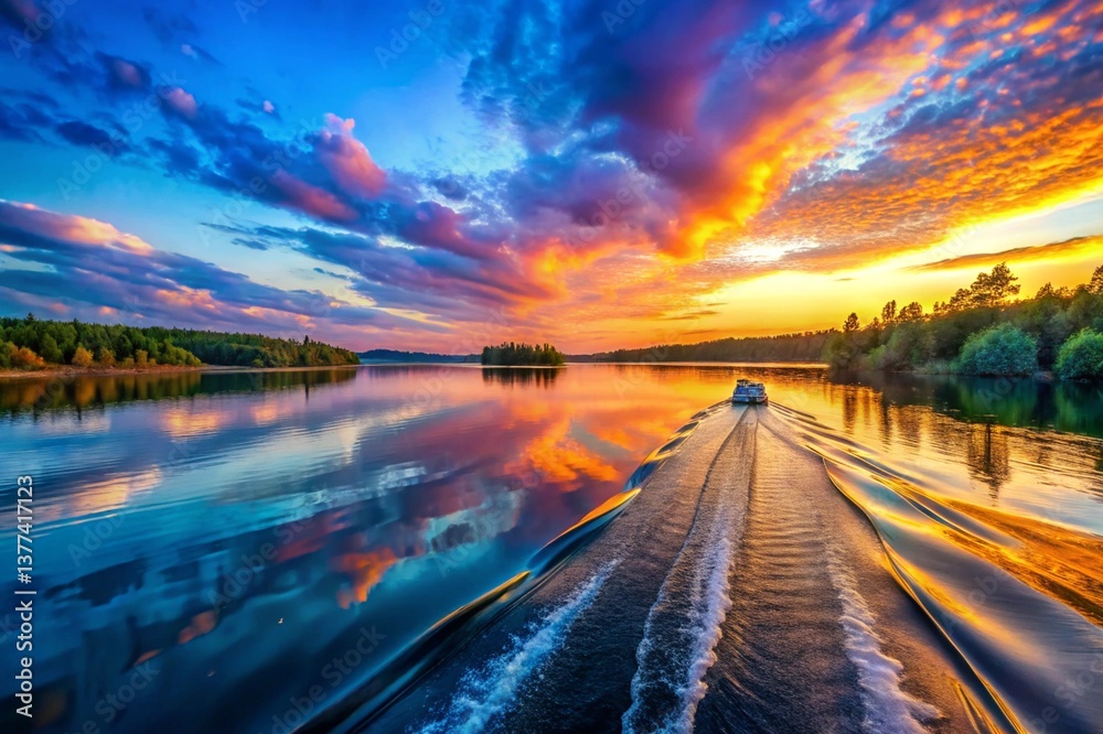 Obraz premium A boat is traveling down a river with a beautiful sunset in the background