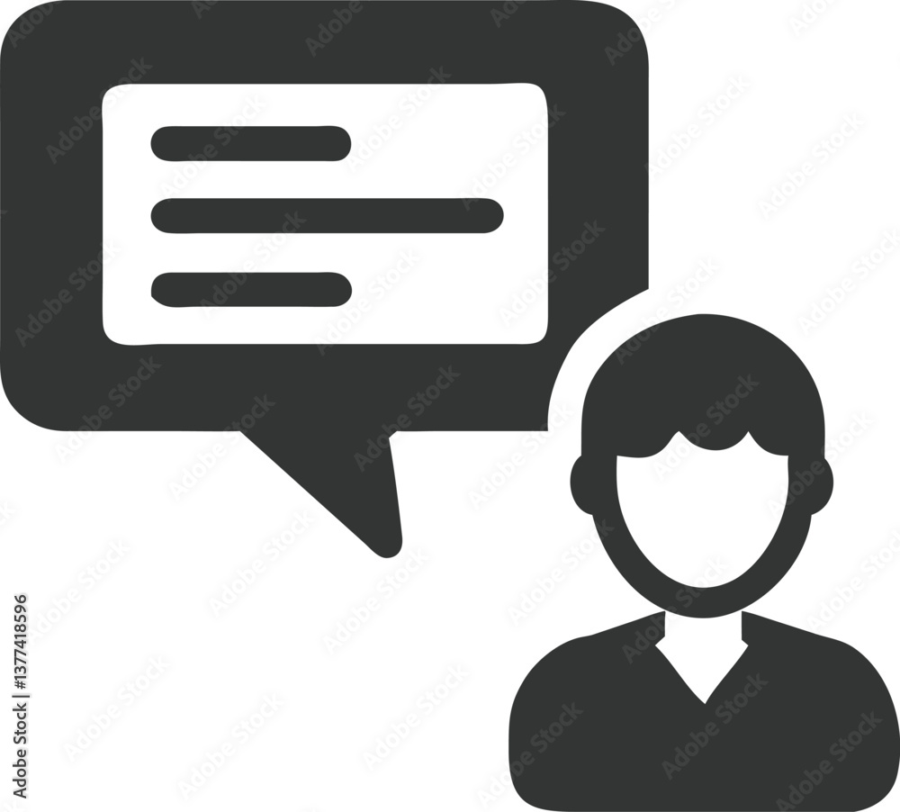 Man with Speech Bubble Icon, Communicating and Sharing Ideas in Gray Silhouette Man with Speech Bubble Icon, Communicating and Sharing Ideas in Gray Silhouette