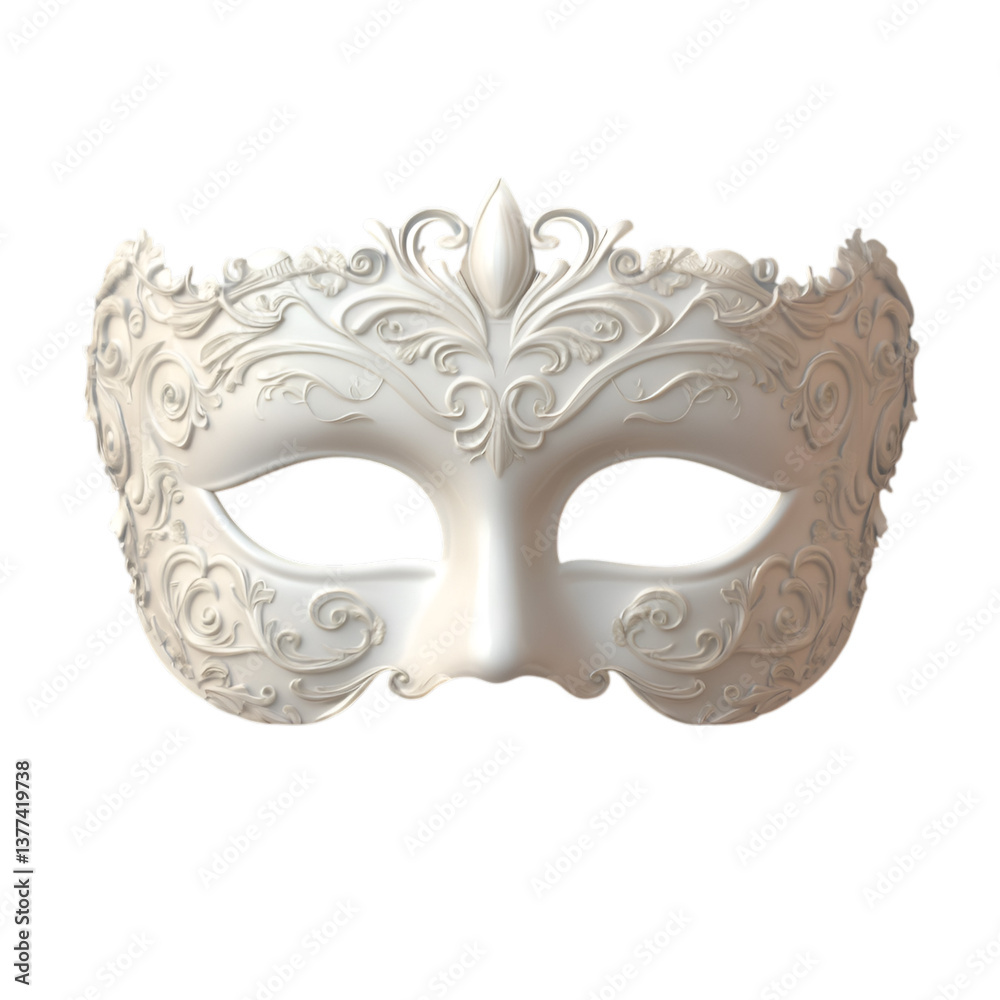Naklejka premium Elegant white masquerade mask with intricate details, isolated on transparent background