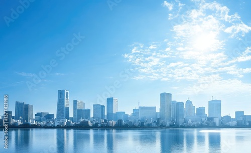 Cityscape panorama under a vibrant, clear sky