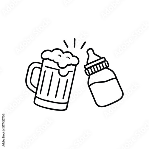 Humorous Fathers Day Tribute with Beer and Baby Bottle Cheers in a Charming Outline Artwork
