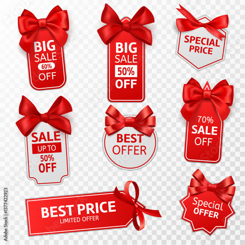 Tags with Red bows Blank white price paper labels with Red ribbons for christmas birthday
