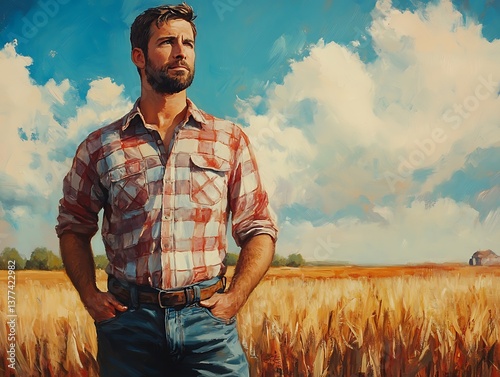 Illustration oil painting, farmer in wheat field with blue sky