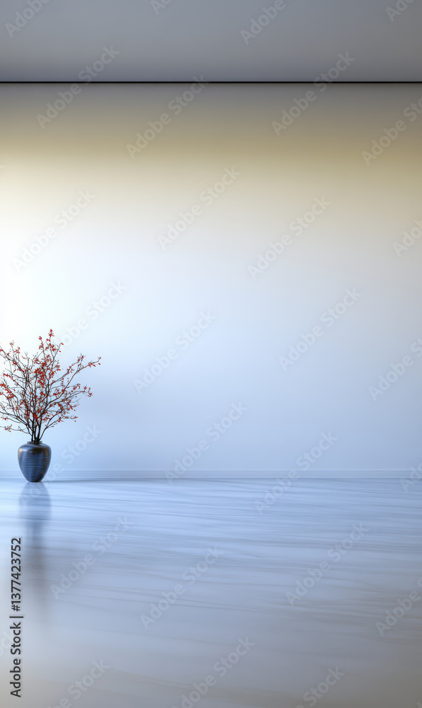 Obraz premium Minimalist interior design with a vase and artificial flowers in a spacious room