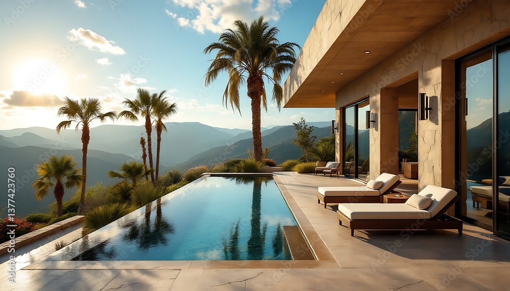 Luxury Villa Poolside with Mountain Views and Palm Trees at Sunset Luxury Villa Poolside with Mountain Views and Palm Trees at Sunset