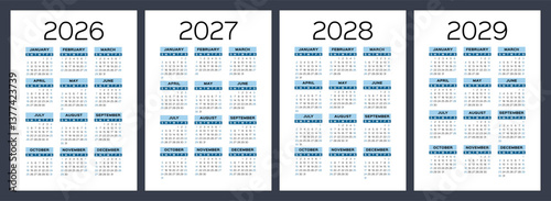 2026, 2027, 2028 and 2029 year calendar set. Color vector pocket calender design. Week starts on Sunday