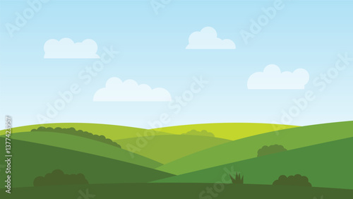 landscape cartoon scene background. rural with green filed and white cloud in blue sky