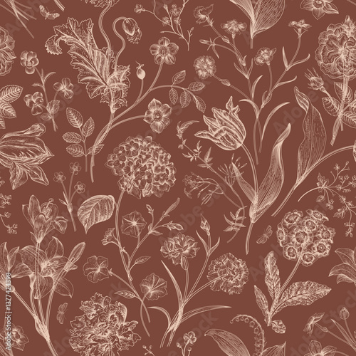 A sophisticated vintage-inspired botanical pattern featuring intricately hand-drawn floral elements in a delicate etching style.