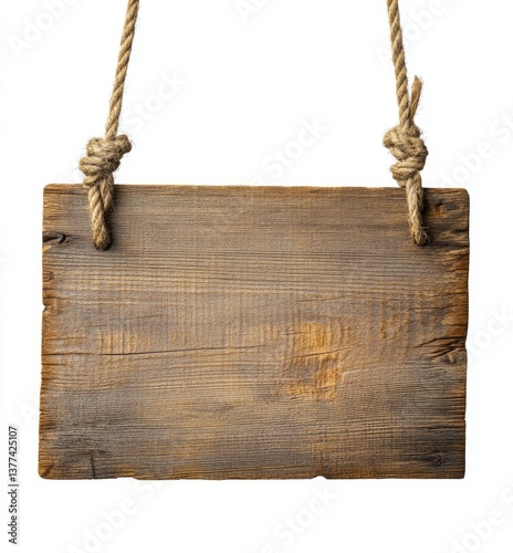 Rustic wooden sign hanging from ropes