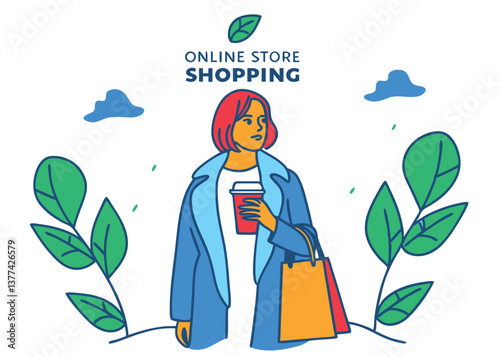 Online shopping landing page or banner template. Girl with shopping, packages. Flat Happ
