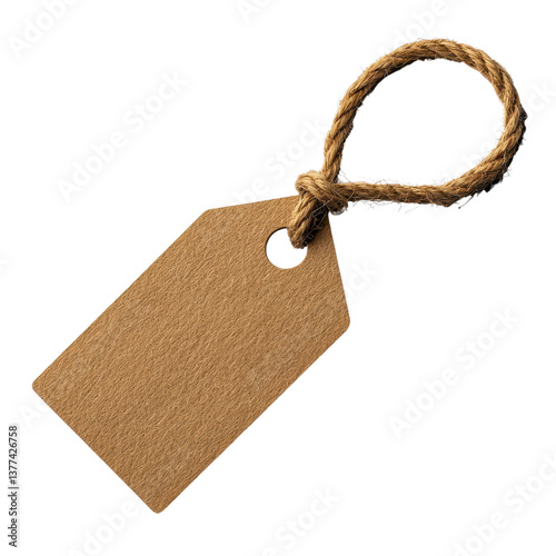 Blank price tag with twine loop on a transparent background.