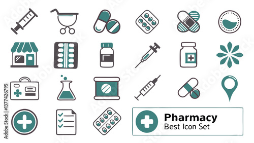 Pharmacy icon set. Medicine, bandage, medication, prescription, treatment, health and syringe symbol. Solid icons vector collection.