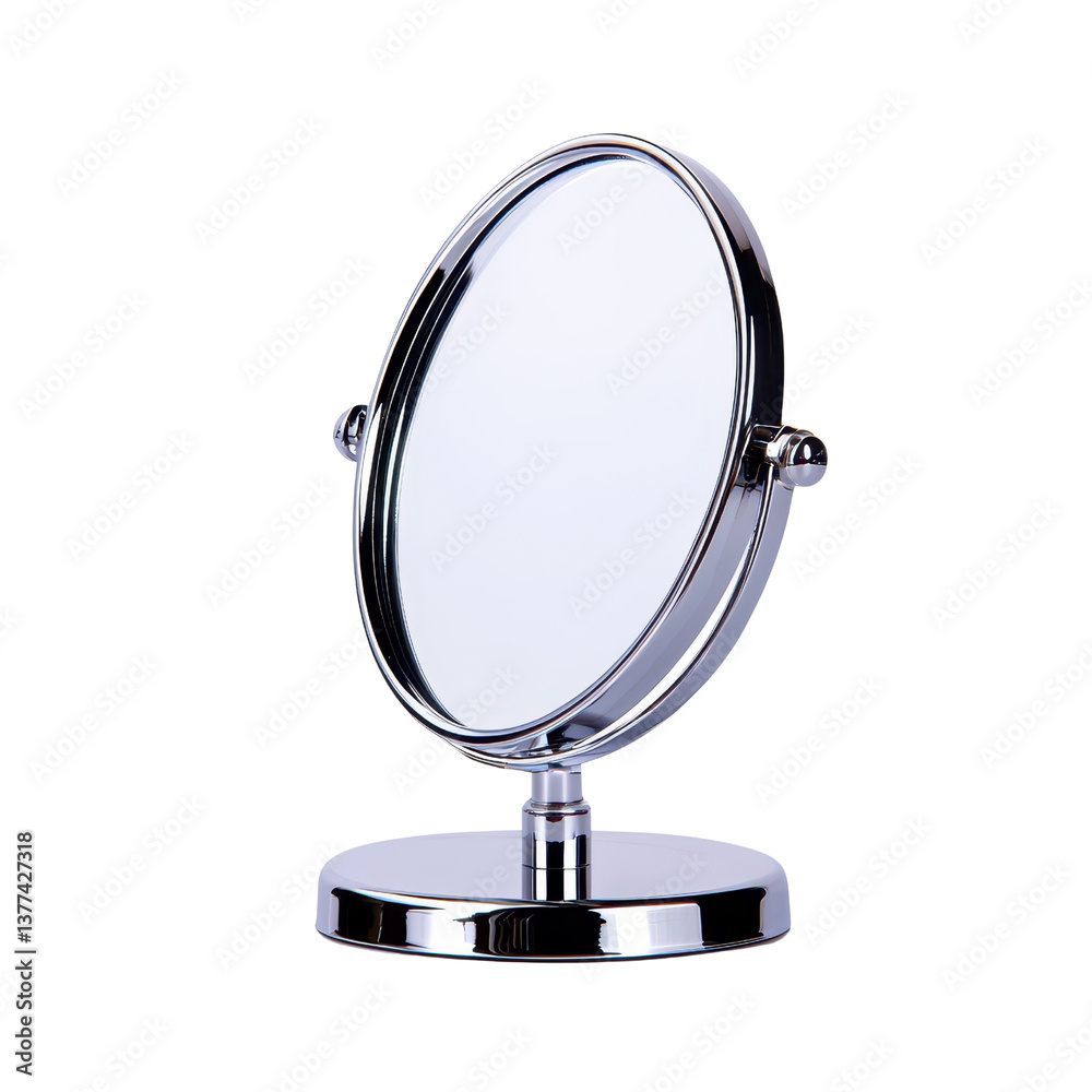 A sleek, circular mirror with a chrome finish on a sturdy base. transparent background. A sleek, circular mirror with a chrome finish on a sturdy base. transparent background.