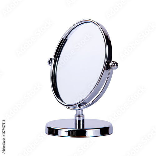 A sleek, circular mirror with a chrome finish on a sturdy base. transparent background.