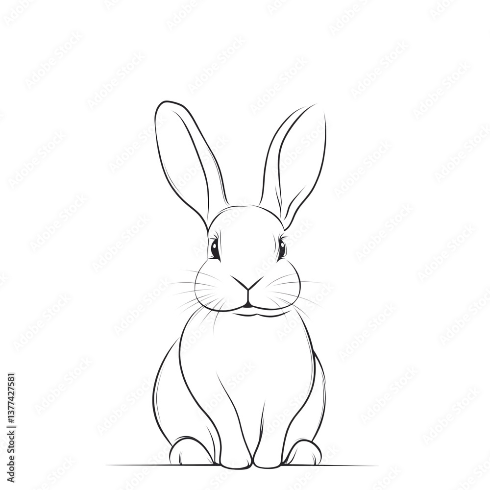 Obraz premium Thin-line minimalist bunny sitting with its ears perked, isolated on white background