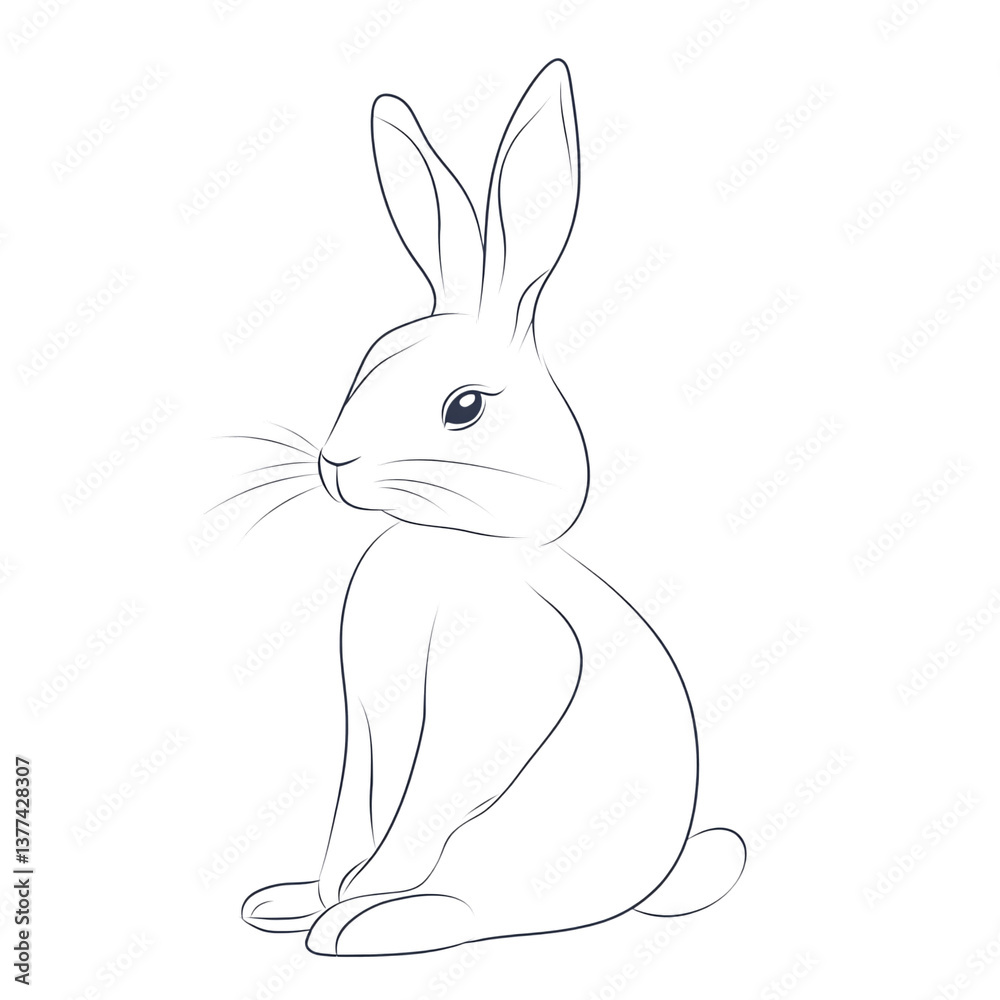 Fototapeta premium Thin-line minimalist Easter bunny in a sitting pose, isolated on white background