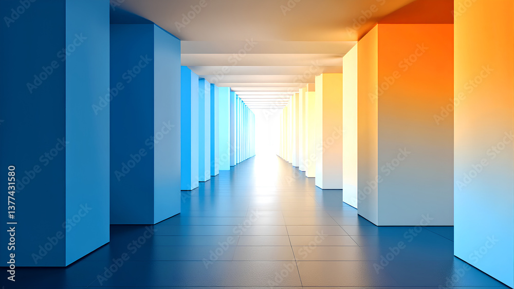Fototapeta premium Minimalist Architecture Corridor with Blue Light and Perspective Design