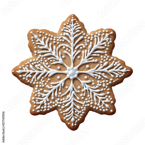 Handheld gingerbread cookie decorated with icing, isolated on transparent background