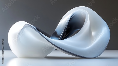 An abstract sculpture with smooth curves and reflective surfaces depicted