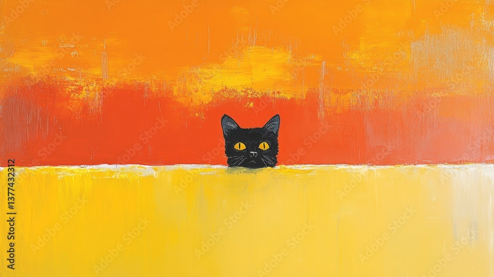 Fototapeta Black cat peeking over wall in vibrant orange and yellow abstract art