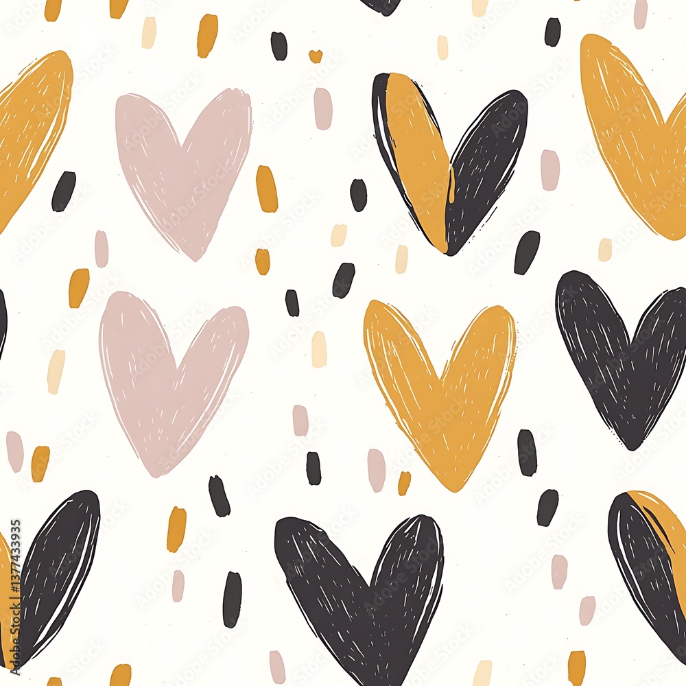 Abstract Heart Pattern  Seamless Texture with Gold  Pink  and Black Hearts