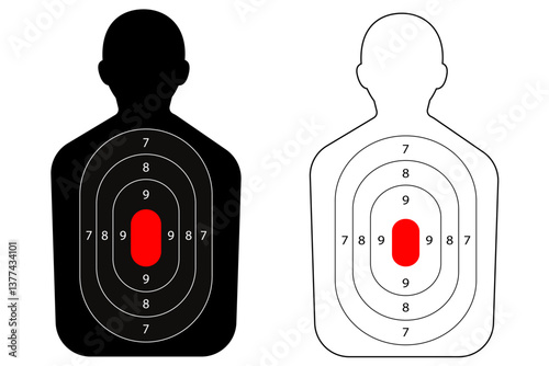 Shoot gun target human silhouette range. Template, shoot stencil, human torso with sniping sport competition, military or police weapon training 