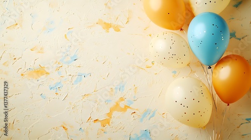 Colorful Balloons Floating Against Textured Pale Yellow Background