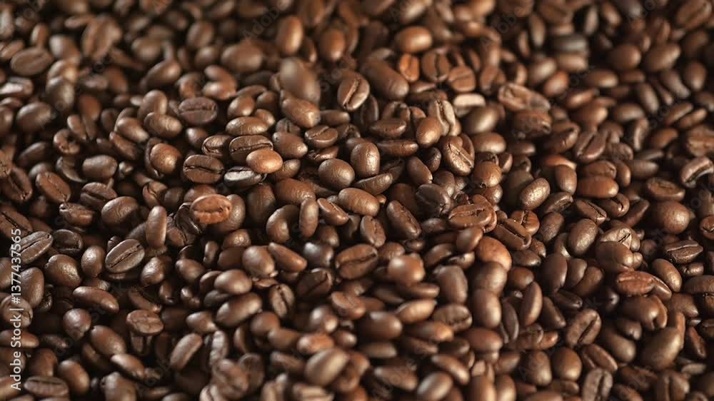 Pile of coffee beans with a brown color. The beans are scattered all over the image. The image has a warm and inviting mood Pile of coffee beans with a brown color. The beans are scattered all over the image. The image has a warm and inviting mood