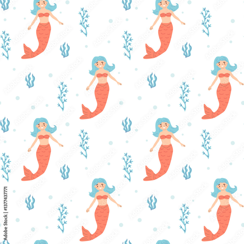 Obraz premium Seamless pattern of cartoon red-tailed mermaids with seaweed and bubbles.