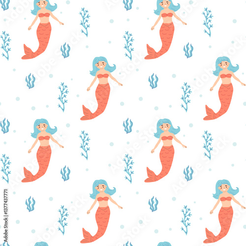 Seamless pattern of cartoon red-tailed mermaids with seaweed and bubbles.