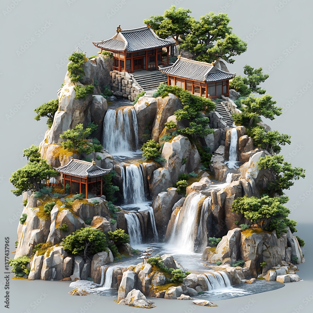 Fototapeta premium Serene Waterfall Asian Architecture Landscape