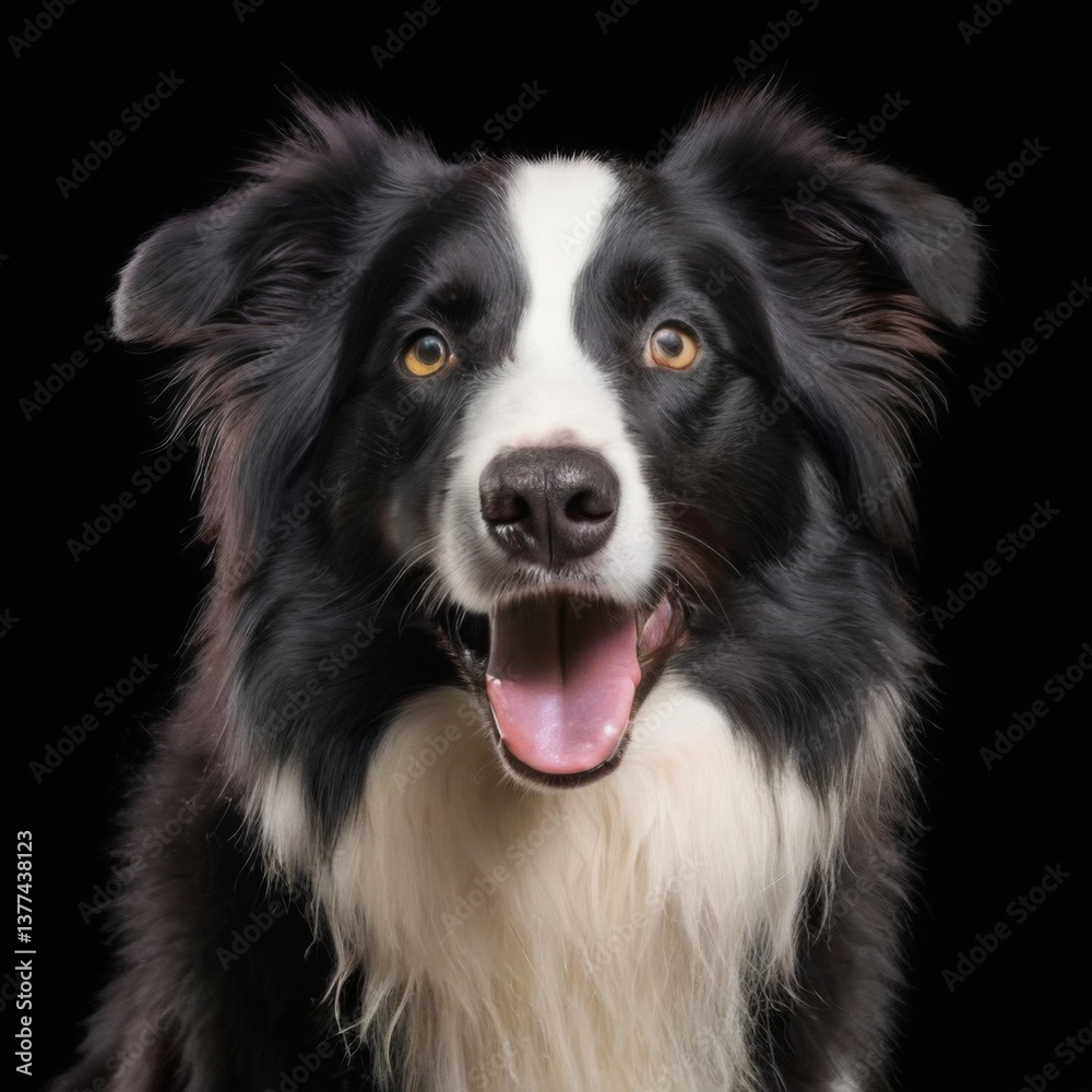 Closeup portrait of a black and white Border Collie with long fluffy fur, gazing directly at the camera. Closeup portrait of a black and white Border Collie with long fluffy fur, gazing directly at the camera.