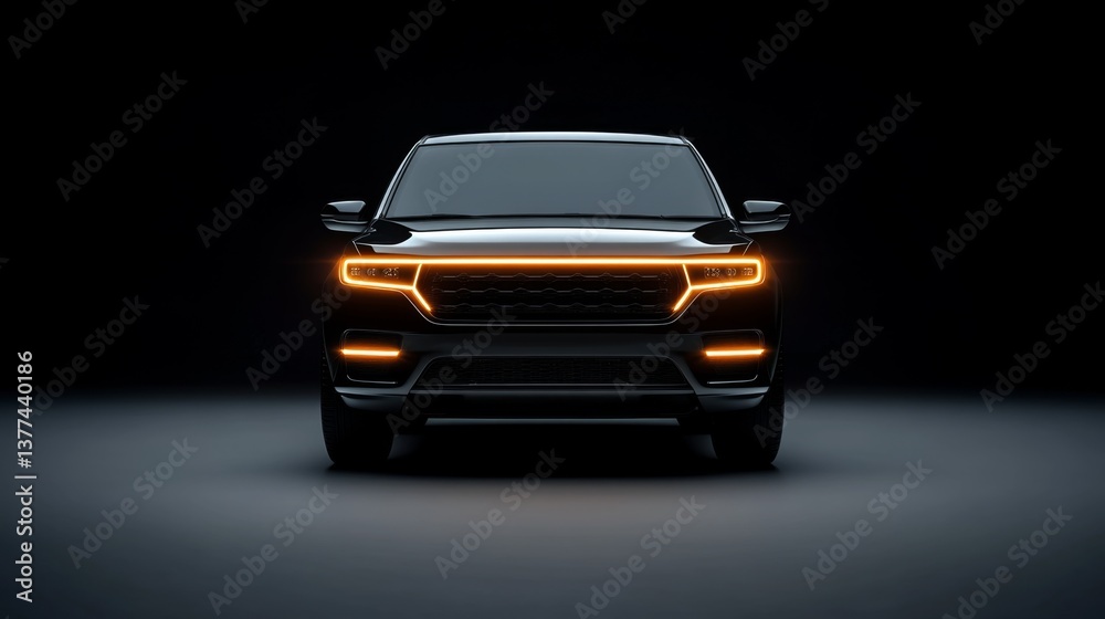 Sleek Black Car with Bright LED Lights in a Dark Studio Environment