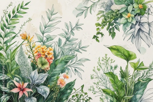 Botanical Watercolor Painting with Vibrant Flowers and Lush Greenery