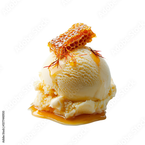 A creamy scoop of vanilla ice cream topped with honeycomb and drizzled with golden honey.